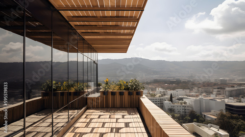 up close photo of sleek and modern solar panels on a balcony, in a modular sustainable hilltop building in Mexico City, inspired by Luis Barragan, made of light wood, design is using natural materials photo