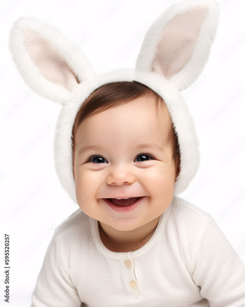 toddler wearing fluffy plush bunny ears. Easter baby isolated on white background toddler wearing fluffy plush bunny ears. Easter baby isolated on white background