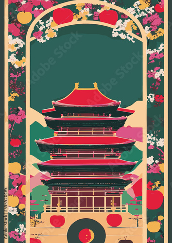 A set of vector backgrounds for text Japan, Korea, and China Travel Poster. Handmade drawing vector illustration. Flat design. Vintage traditional ukiyo-e style. Fuji mountain with Japanese wave patte