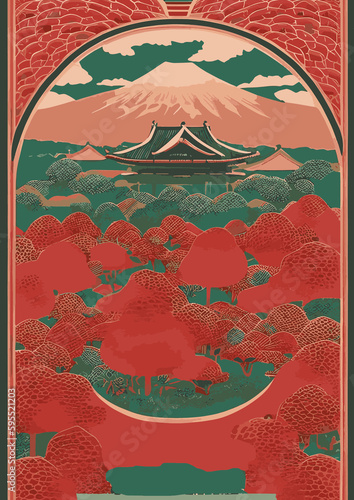 A set of vector backgrounds for text Japan, Korea, and China Travel Poster. Handmade drawing vector illustration. Flat design. Vintage traditional ukiyo-e style. Fuji mountain with Japanese wave patte