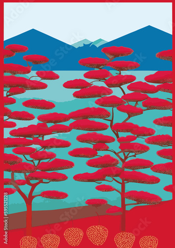 A set of vector backgrounds for text Japan, Korea, and China Travel Poster. Handmade drawing vector illustration. Flat design. Vintage traditional ukiyo-e style. Fuji mountain with Japanese wave patte