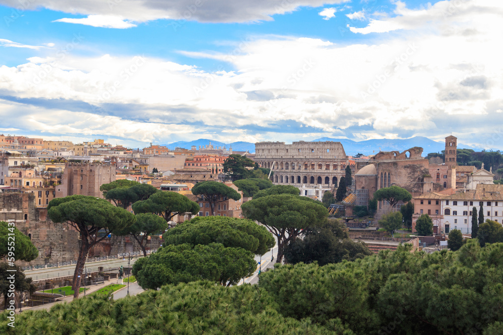 View of historical center of Rome with Colosseum from monument of Vittorio Emanuele Vittoriano observation deck, Italy