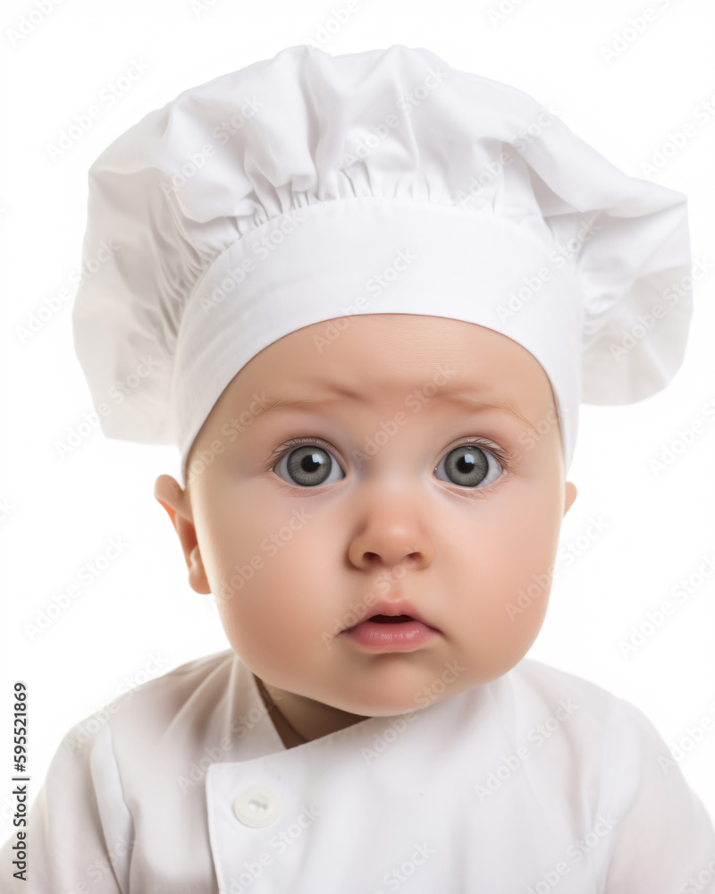 Cute Baby Toddler Wearing Chef Hat Against White Background Cute Baby Toddler Wearing Chef Hat Against White Background