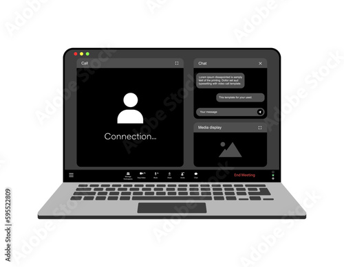 Videocall interface, video call screen icons and UI template for laptop, vector overlay. Video conference or videocall online chat mockup for laptop application with call buttons