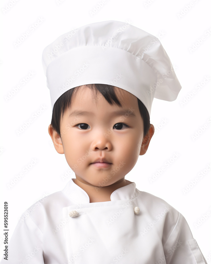 Cute asian toddler wearing chef hat against white background Cute asian toddler wearing chef hat against white background