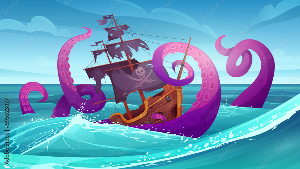 Battle between giant octopus and pirate ship in sea landscape vector ...