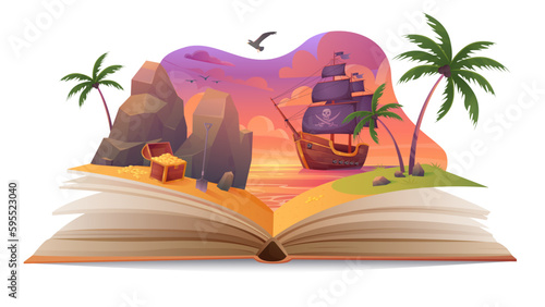 Open book with fun story about adventure of pirate ship for children vector illustration. Cartoon fairytale world on paper pages for reading, corsair boat sailing to treasure island in sea landscape
