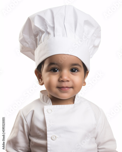 Cute Indian Toddler Wearing Chef Hat Against White Background