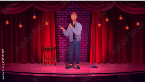 Comedy performance, live stand up show with talent comedian speaking on stage with red curtains and lights vector illustration. Cartoon young man with microphone performing funny standup speech