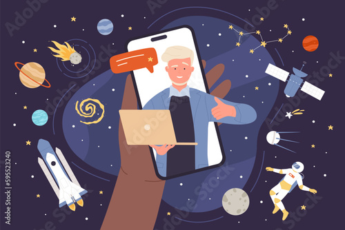 Space exploration and scientific cosmos research online vector illustration. Cartoon hand holding mobile phone with scientist showing thumbs up on screen, night sky with stars and planets, spaceship