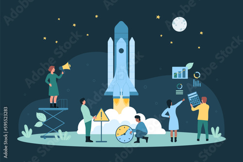 Business startup launch, entrepreneurship vector illustration. Cartoon tiny people with megaphone, clock and warning sign work on shuttle launch into space, aerospace innovation ready to start