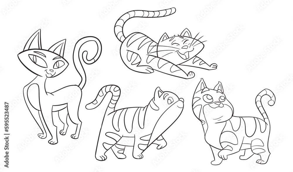 Naklejka premium Coloring book gray cat. Cute Cats cartoon character. Doodle style. Outline vector illustration for coloring book. Vector sheet icon.
