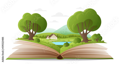 Summer forest landscape on paper pages of open book vector illustration. Cartoon magic spring nature with trees and mountains, water of lake and cute family house, fantasy adventure in storybook