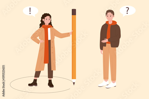 Personal borders and privacy protection vector illustration. Cartoon tiny woman holding pencil, drawing circle line, obstacle to outline healthy and comfort boundaries of interaction with man