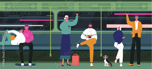 People travel in underground subway car vector illustration. Cartoon woman and man in public modern train interior, passenger characters standing, adults sitting on seats near window and reading