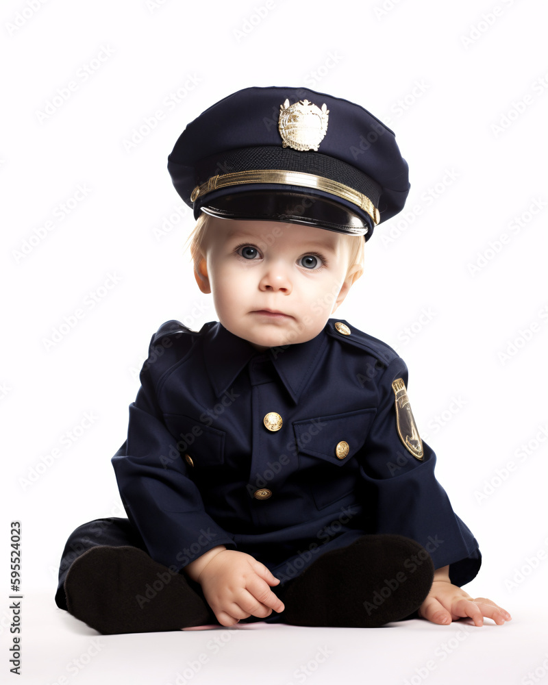 Cute toddler wearing police officer uniform. Isolated on white background Cute toddler wearing police officer uniform. Isolated on white background