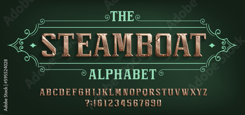 The Steamboat alphabet font. Riveted letters and numbers in steampunk style. Stock vector typescript for your design.