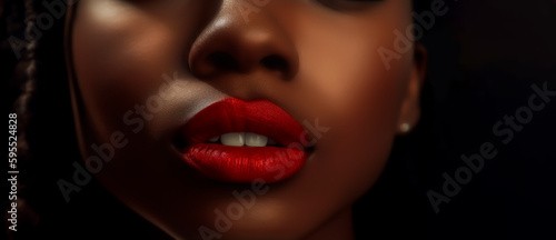 Close-up of a beautiful African American woman's lips, highlighting her beauty, shallow depth of field, Illustrative Generative AI. Not a real person.
