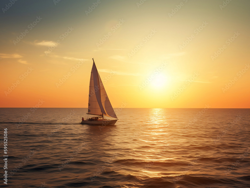 Boat on the ocean sailing into sunset