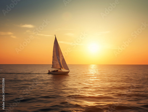 Boat on the ocean sailing into sunset