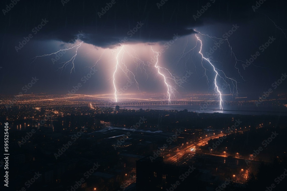 A zigzag electric discharge in the atmosphere during thunderstorms. Generative AI