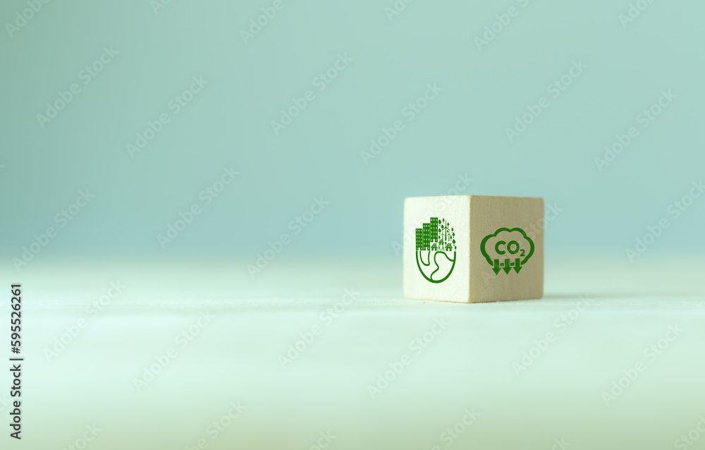 CO2 emission concept. Green business concept. Net zero emissions. Renewable energy, sustainability, ecology solutions. The wooden cubes with CO2 emission reduction and green community icon. CO2 emission concept. Green business concept. Net zero emissions. Renewable energy, sustainability, ecology solutions. The wooden cubes with CO2 emission reduction and green community icon.