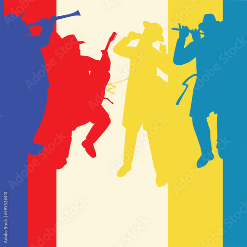 Background for designing an ad about a klezmer show, a Jewish orchestra of traditional musicians in Orthodox clothing.
Clarinet, flute, guitar and singer.
Colorful attractive vector. 