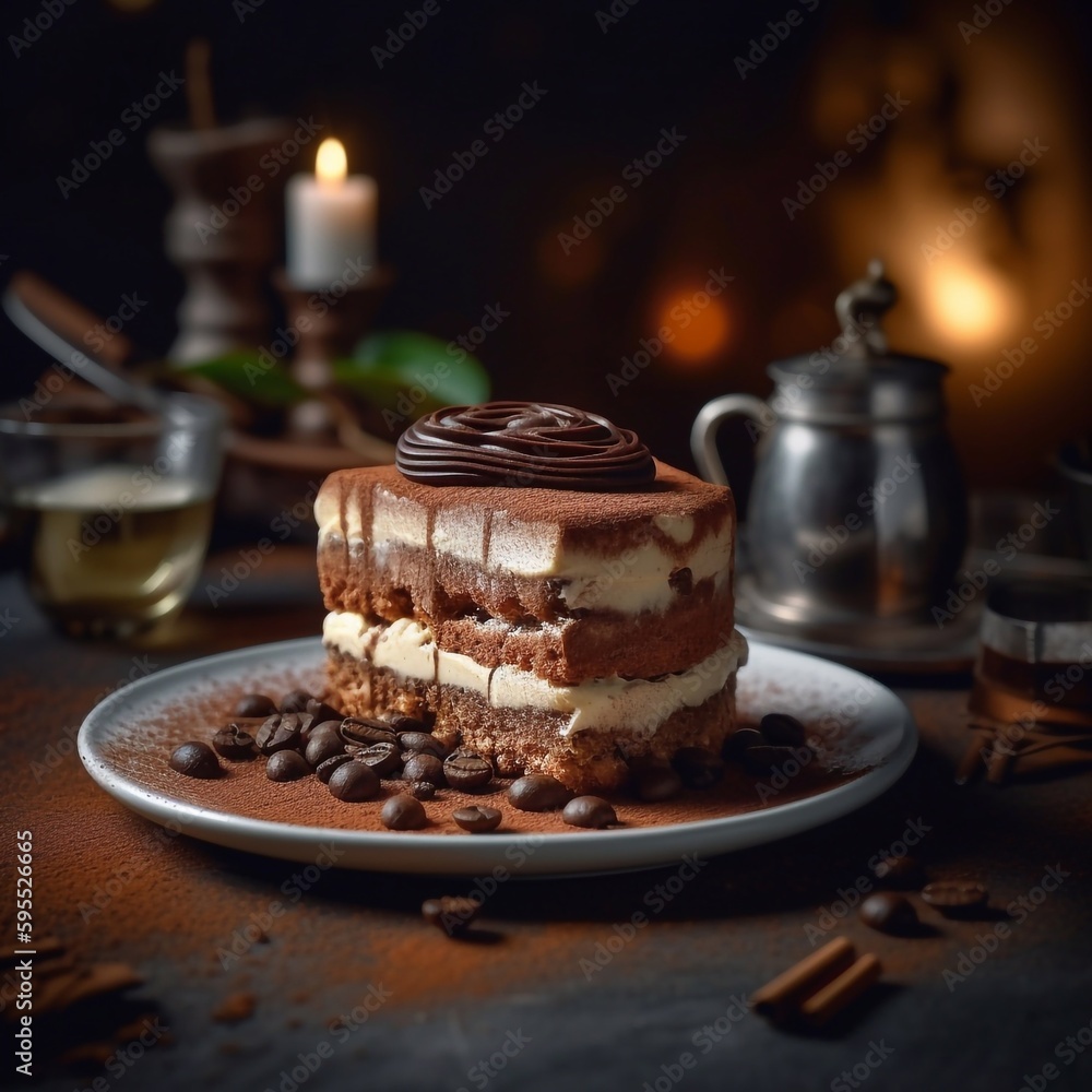 Delicious appetizing tiramisu cake with savoiardi sticks and coffee cream. World famous dessert. Generative AI. Delicious appetizing tiramisu cake with savoiardi sticks and coffee cream. World famous dessert. Generative AI.