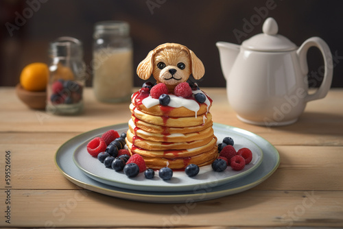 Tasty pancakes with strawberries and blueberries with a chocolate dog puppy head on top. Creative kids breakfast, sweets and deserts. High quality photo photo