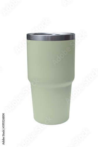 Big modern light green thermos bottle isolated on white. Reusable concept