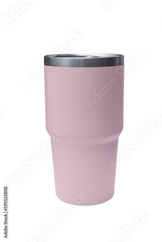 Big modern light pink thermos bottle isolated on white. Reusable concept