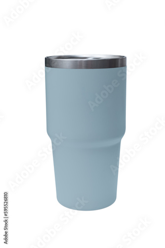 Big modern crystal blue thermos bottle isolated on white. Reusable concept