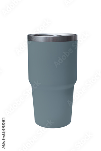 Big modern blue-green thermos bottle isolated on white. Reusable concept