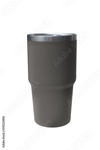 Big modern dark gray thermos bottle isolated on white. Reusable concept