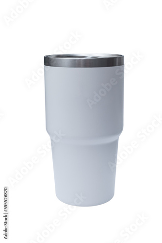 Big modern white thermos bottle isolated on white. Reusable concept