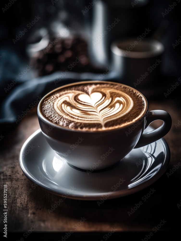 A close-up of a heart-shaped latte art on a steaming cappuccino, generative AI A close-up of a heart-shaped latte art on a steaming cappuccino, generative AI
