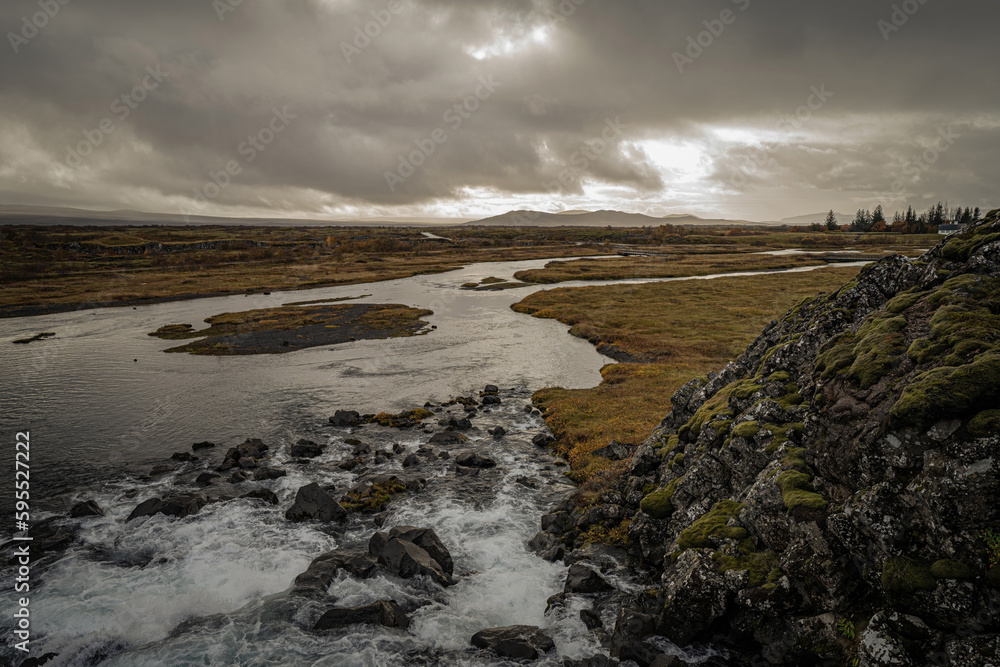 iceland view from waterfall of continental rift