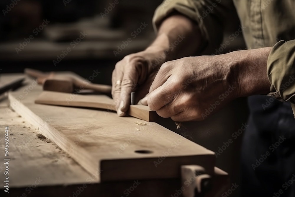 Carpenter's skilled hand at work in workshop - Generative ai Carpenter's skilled hand at work in workshop - Generative ai