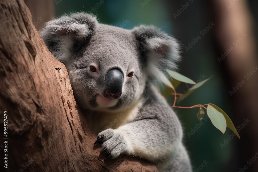 Obraz premium Sleepy Koala bear resting on a small tree branch - Generative ai