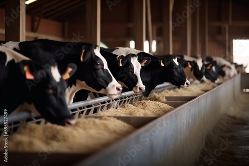 Cows Feeding on Fodder in Stable Row - Generative ai