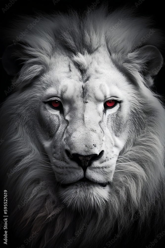 Black and White Albino Lion Portrait with Red Eyes - Generative ai