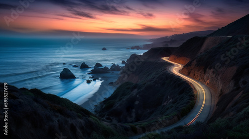 A mesmerizing  panoramic photograph of the legendary California Route 1  also known as the Pacific Coast Highway  Generative AI