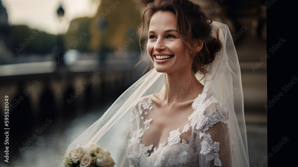 Naklejka premium Portrait of a happy smiling bride, Generative AI