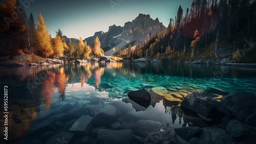 A picturesque mountain lake surrounded by towering peaks, Generative AI