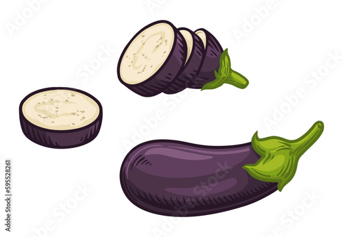 Vector illustration of an eggplant isolated on a white background. Eggplant whole and sliced.