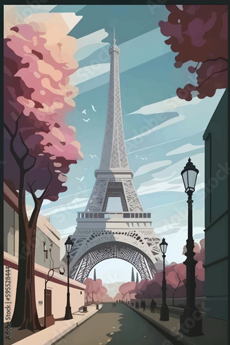 Eiffel tower in Paris, France. Vintage style vector illustration.