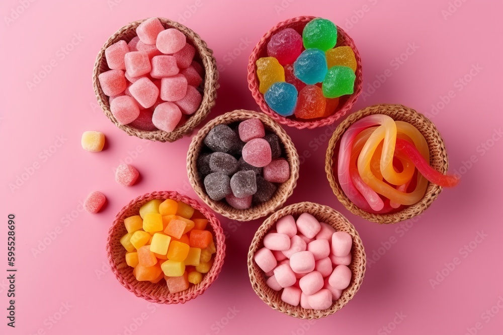 A top view different candies colorful inside little baskets on pink, sweet sugar color confiture. Generative ai A top view different candies colorful inside little baskets on pink, sweet sugar color confiture. Generative ai