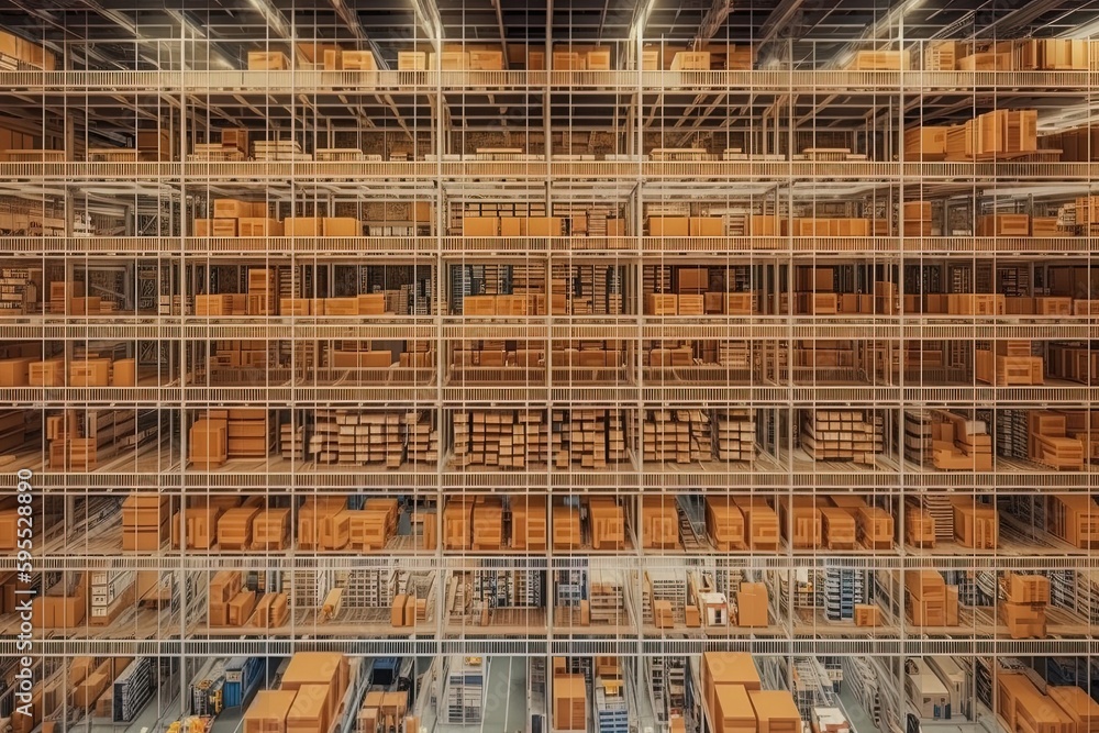 Image of warehouse storage and shelves, Generative AI