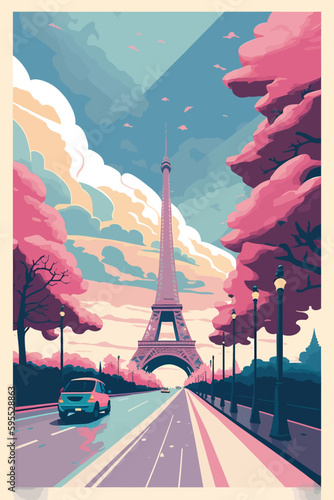Eiffel tower in Paris, France. Vector illustration in flat style