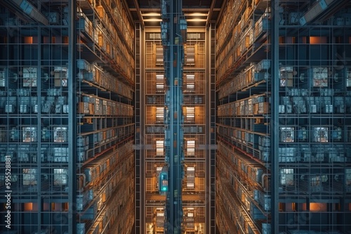 Image of warehouse storage and shelves, Generative AI